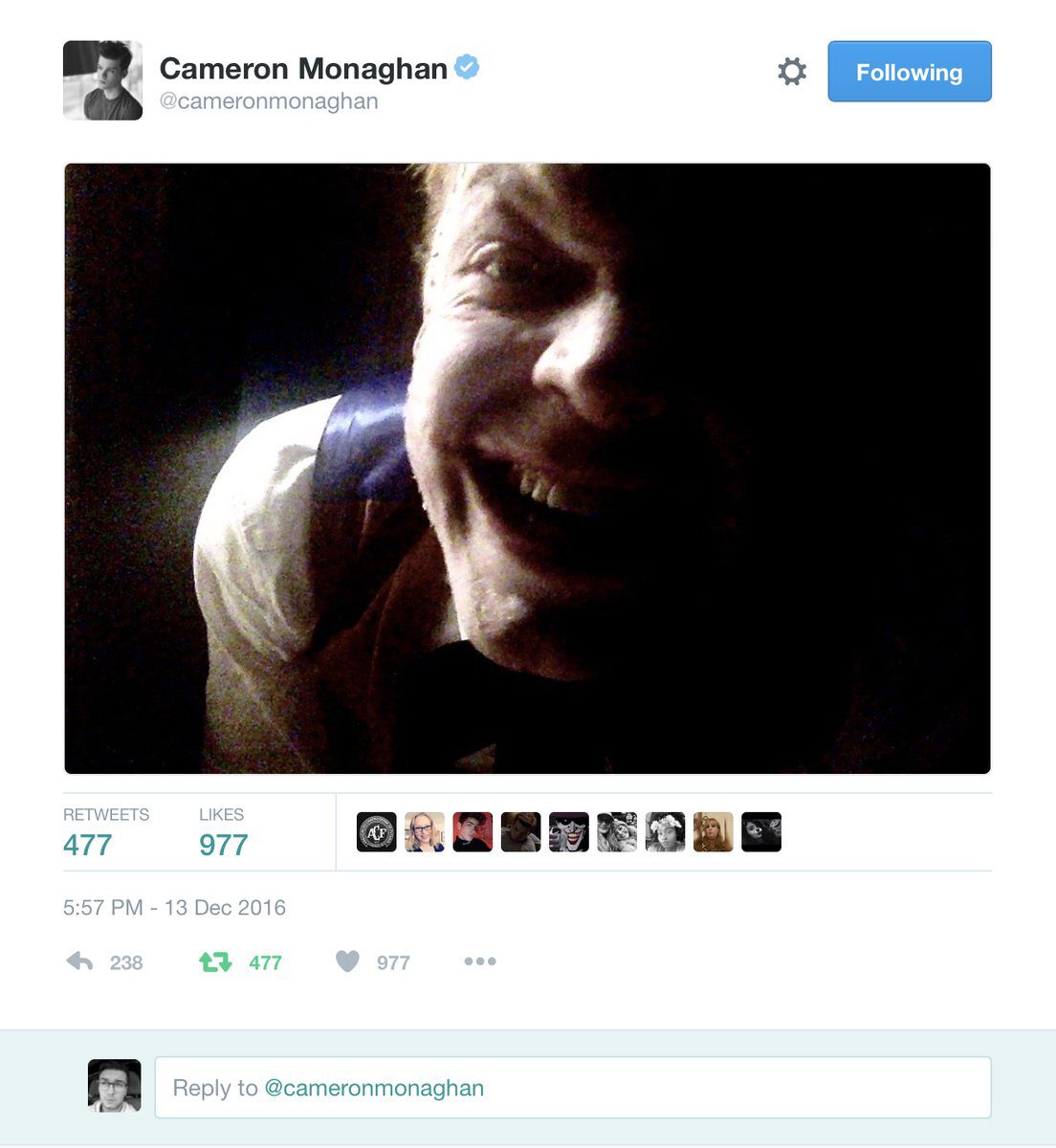Captura del tweet publicado por Cameron Monaghan