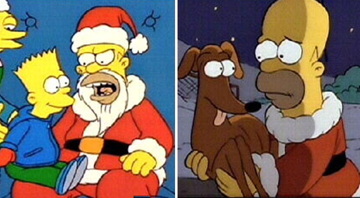 Homer trabajando como Santa Claus y llevándose a cas al nuevo miembro de la familia