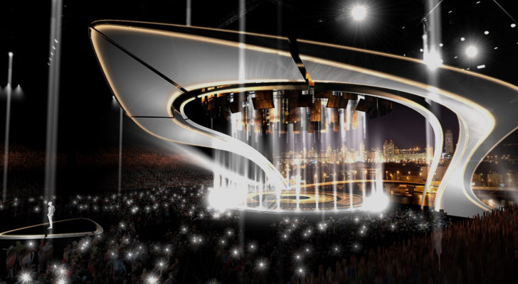 El escenario de Eurovisión 2017, desde una perspectiva lateral