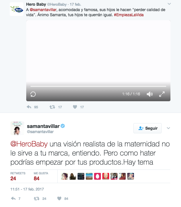 El cruce de tuits entre Hero Baby y Samanta Villar
