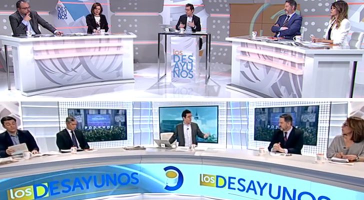 Arriba, el antiguo plató de &#39;Los desayunos de TVE&#39;. Abajo, el nuevo