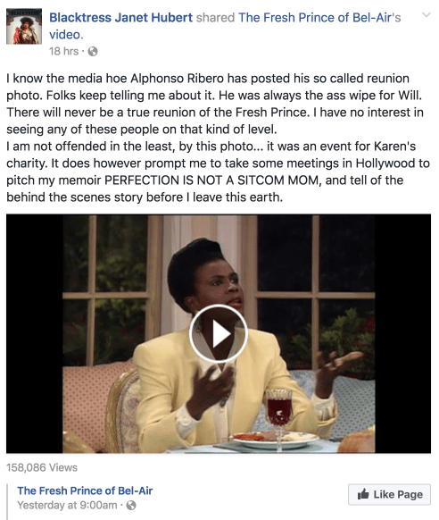 Captura del post que Janet Hubert ha eliminado de Facebook