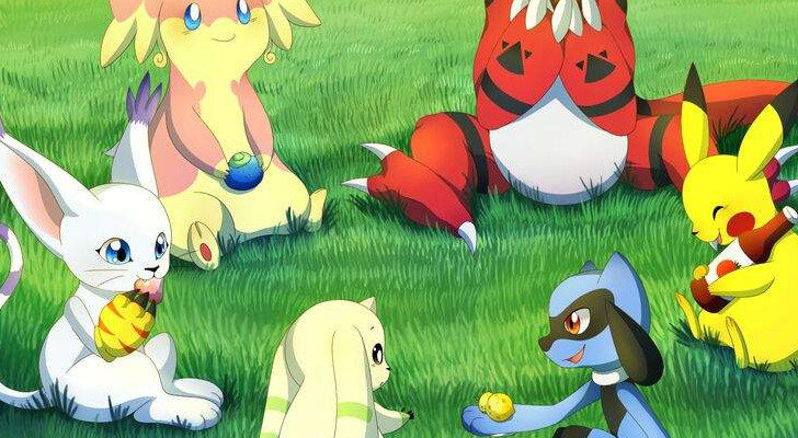 Pokémon sentados con Digimon