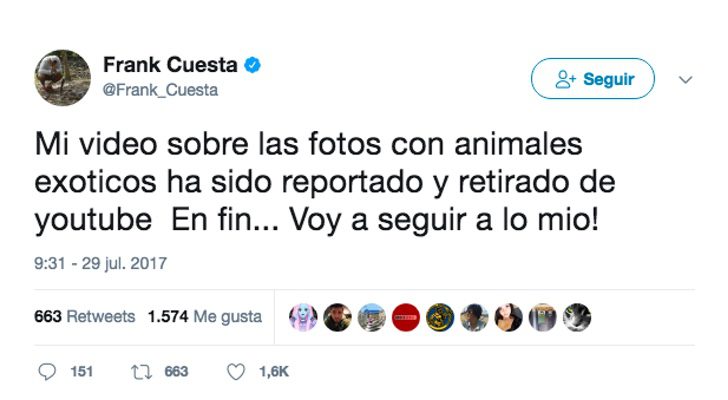 Publicación en Twitter de Frank Cuesta