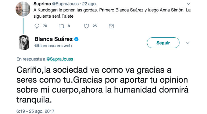 Contestación de Blanca Suárez a un usuario de Twitter