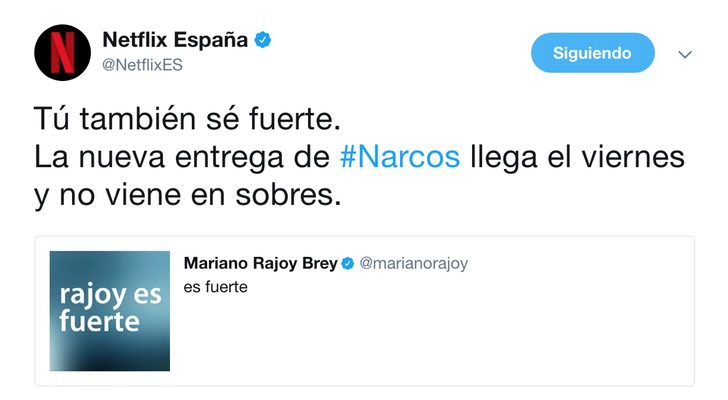 Publicación de Netflix citando el tuit de Mariano Rajoy