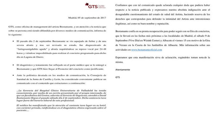 Comunicado de GTS sobre David Bustamante