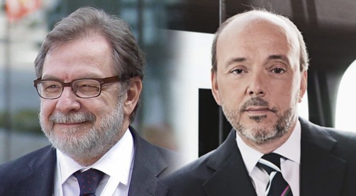 Juan Luis Cebrián (izquierda), periodista y actual presidente del grupo Prisa, y Javier Monzón (derecha), expresidente de Indra y sucesor de Cebrián