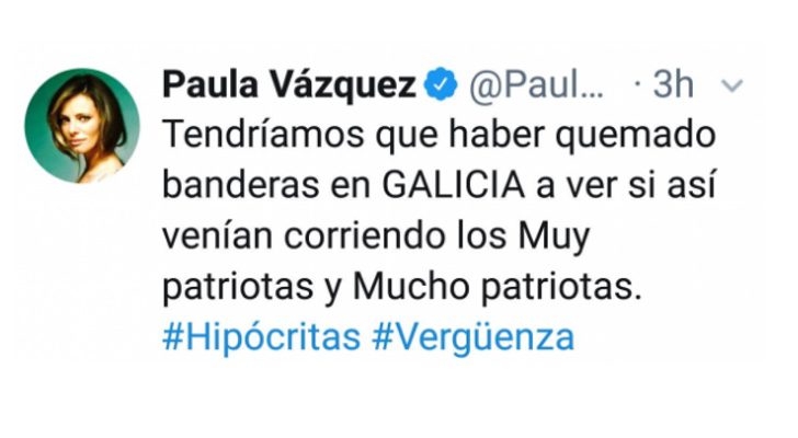 Tweet irónico de Paula Vázquez sobre los incendios de Galicia, haciendo referencia al conflicto con Cataluña y la cantidad de efectivos en el referendum y en el incendio