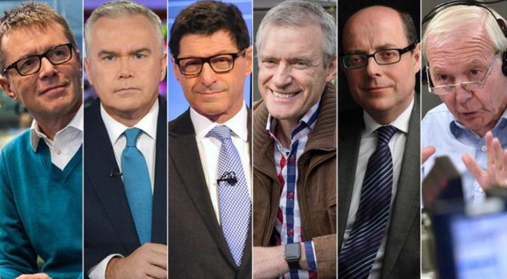De izquierda a derecha: Nicky Campbell, Huw Edwards, Jon Sopel, Jeremy Vine, Nick Robinson y John Humphrys