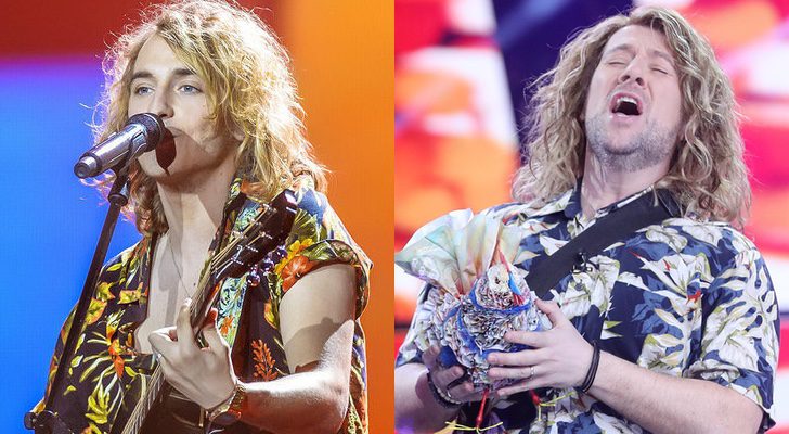 Manel Navarro en su actuación en el Festival de Eurovisión 2017 y Carlos Latre en su imitación en la Gala 16 de 'Tu cara me suena'