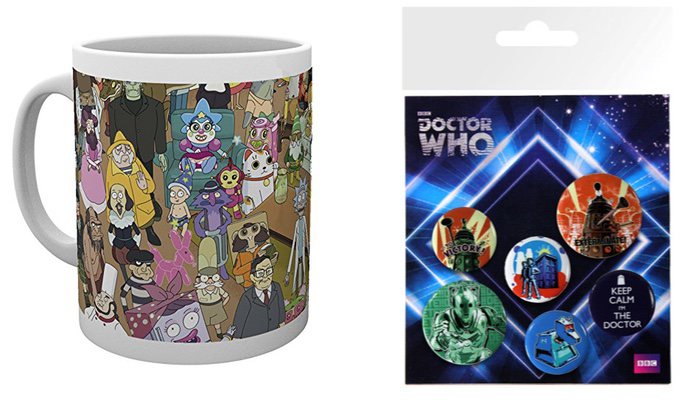 Taza de 'Rick y Morty' y chapas de 'Doctor Who'