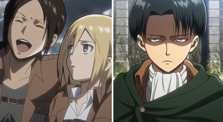 Las reclutas Ymir y Krista y el capitán Levi en 'Ataque a los titanes'