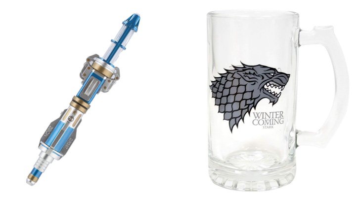 Llavero con linterna de 'Doctor Who' y jarra de cristal de 'Juego de Tronos'