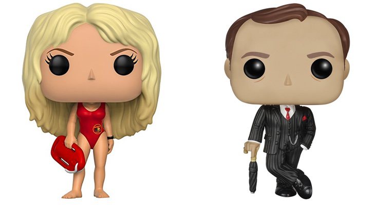 Funko de C.J. Parker de 'Los vigilantes de la playa' y funko de Mycroft Holmes en 'Sherlock'