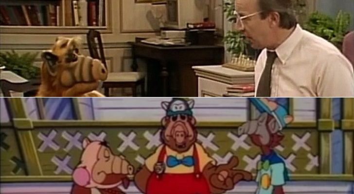 Arriba, &#39;ALF&#39; en acción real; abajo, la versión animada