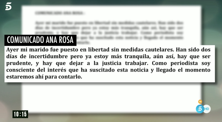 Parte del comunicado emitido por Ana Rosa Quintana