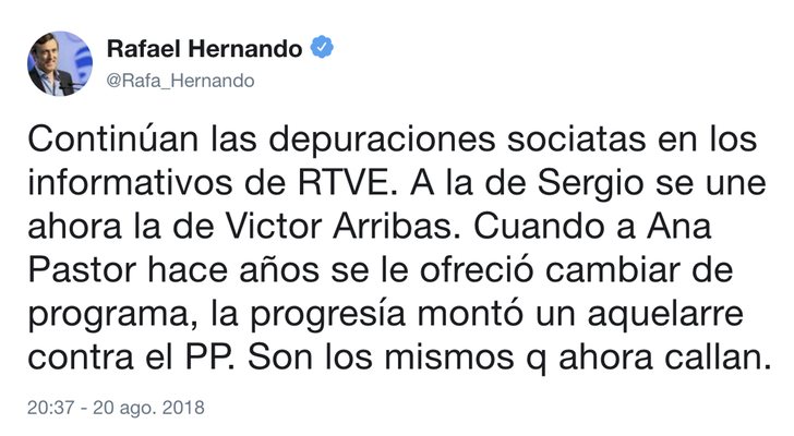 Rafael Hernando considera "depuraciones sociatas" los cambios de la nueva RTVE