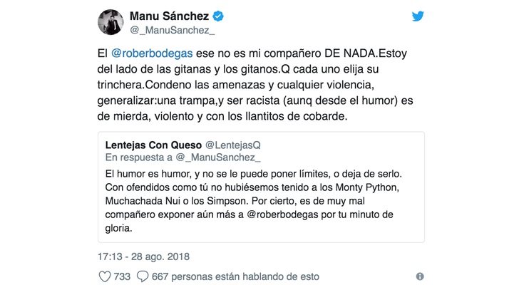 Tuit de Manu Sánchez sobre Rober Bodegas