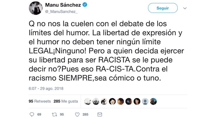 Tuit de Manu Sánchez explicando su polémica con Bodegas