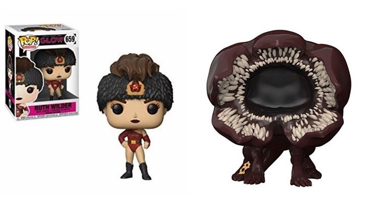 Funko de Ruth Wilder de 'Glow' y funko de Dart Demodog de 'Stranger Things'