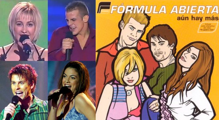 A la izquierda, de izquierda a derecha y de arriba a abajo, Mireia, Àlex, Javián y Geno  en &#39;Operación Triunfo&#39;. A la derecha, la portada de &quot;Aún hay más&quot;, el primer disco de su grupo, Fórmula Abierta