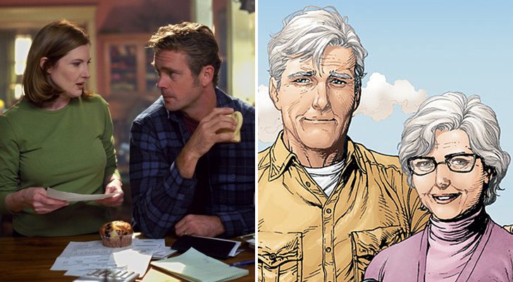 Martha y Jonathan Kent en 'Smallville', frente a una versión de los cómics de Superman