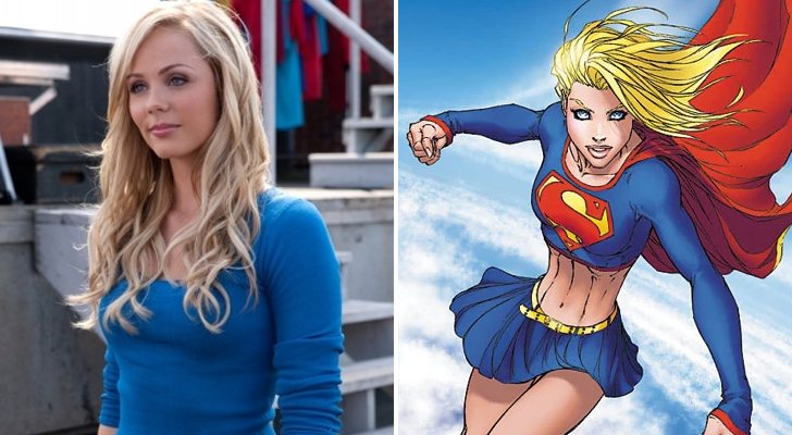 Laura Vandervoort como Kara en 'Smallville', frente a una de las versiones de los cómics