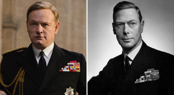 Jared Harris es el rey Jorge VI en 'The Crown', frente al verdadero rey Jorge