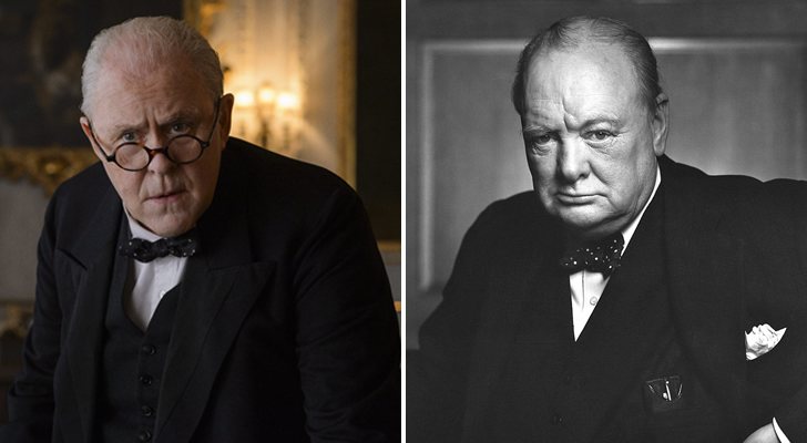 John Lithgow en su papel como Winston Churchill y el auténtico Primer Ministro Churchill