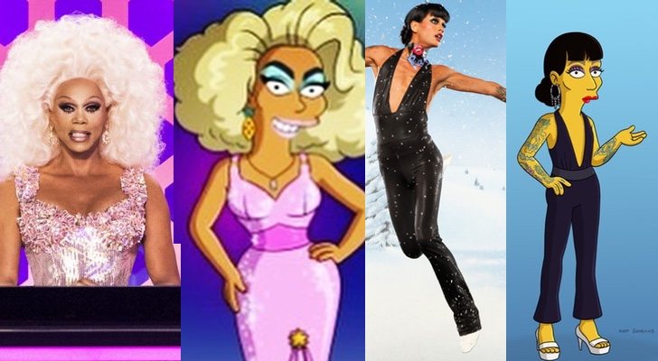 Las drag queens RuPaul y Raja Gemini junto a sus versiones "simpsonizadas"