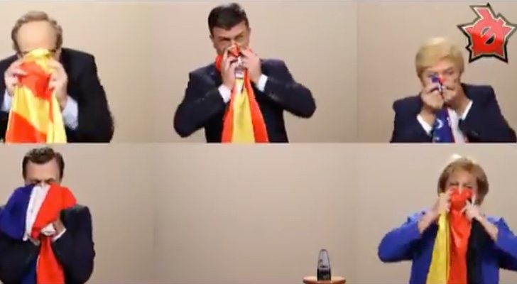 Torra, Macron, Sánchez, Trump o Merkel se suenan los mocos con las banderas de Cataluña, Francia, España, Estados Unidos y Alemania en 'Pòlonia'
