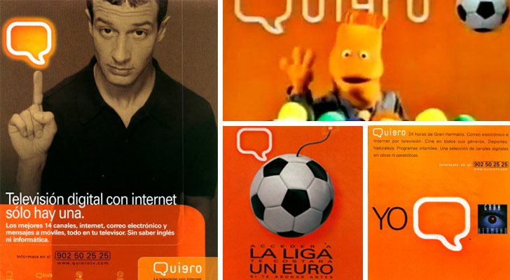 A la izquierda, publicidad en prensa de Quiero TV. Arriba a la derecha, Mr. Wop, la mascota de la plataforma digital. Abajo, dos anuncios que publicitaban ofertas de contenido y canales exclusivos.