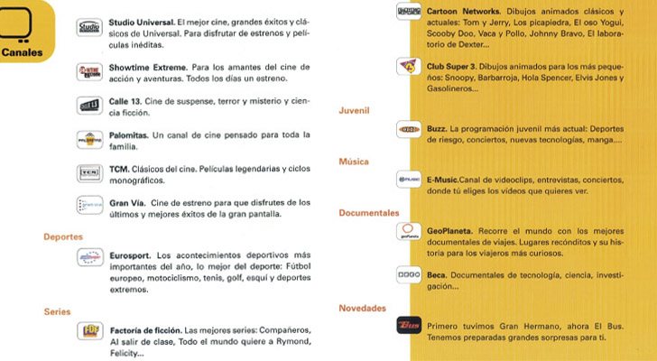 Oferta de los canales de Quiero TV en el año 2000.