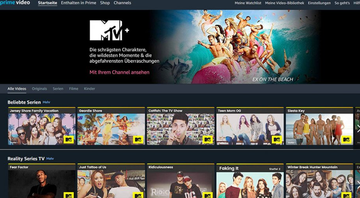 Interfaz de Prime Video con formatos de MTV