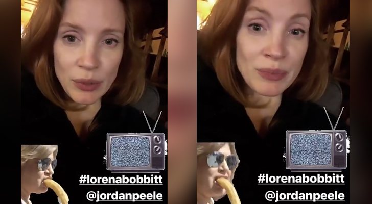 Imágenes del story de Instagram de Jessica Chastain con el gif de Terelu Campos