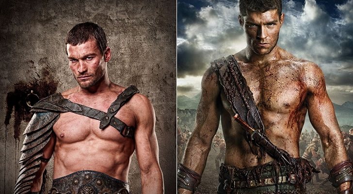 Andy Whitfield (iq.) y Liam McIntyre (der.) en 'Spartacus: Sangre y arena'
