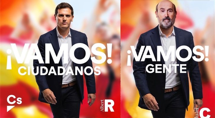 Cartel de campaña de Ciudadanos con Albert Rivera y la parodia de 'Vota Juan'