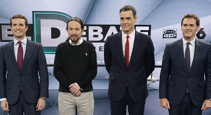 Pablo Casado, Pablo Iglesias, Pedro Sánchez y Albert Rivera en 'El Debate' de Atresmedia