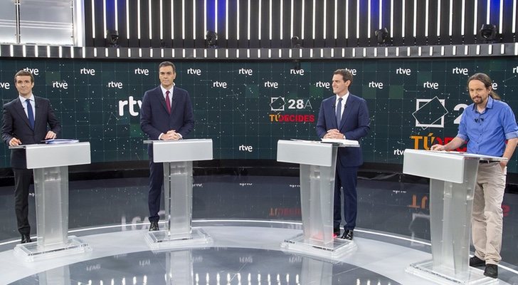 Pablo Casado, Pedro Sánchez, Albert Rivera y Pablo Iglesias en 'El debate en RTVE'