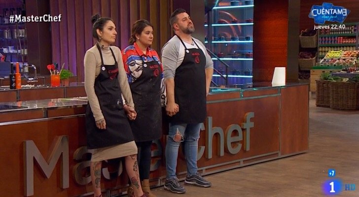 Carmen junto a sus compañeros Natalia y Marcos en 'MasterChef 7'