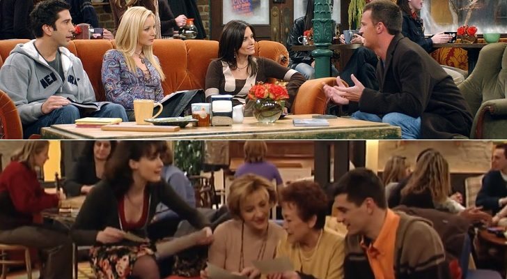 Los protagonistas de 'Friends' en el Central Perk (arriba) y los protagonistas de 'Siete vidas' en el Kasi Ke No (abajo)