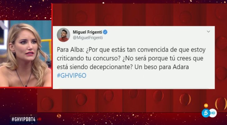 Alba Carrillo recibe un tuit de Miguel Frigenti en 'GH VIP 7'