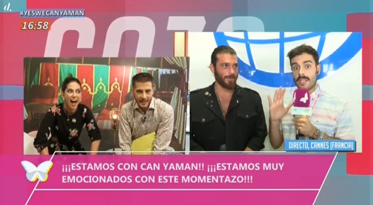 Nuria Marín, Nando Escribano, Can Yaman y Germán González durante la conexión en directo en 'Cazamariposas'
