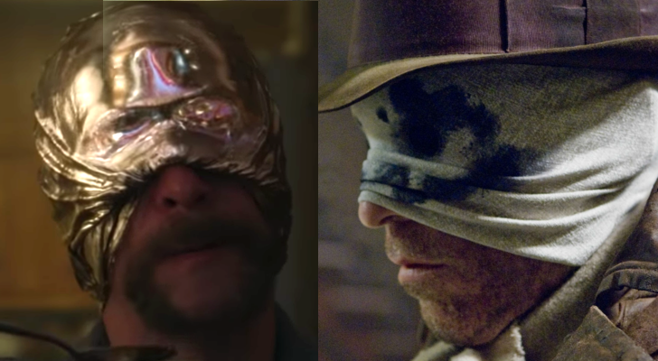 Looking Glass en 'Watchmen' y Rorschach en la película previa, destapan su boca para comer