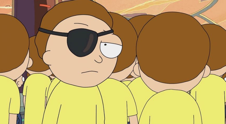 El Morty Malvado se oculta en una multitud de Mortys