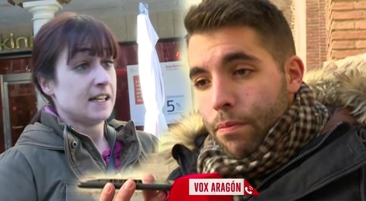 Noemí Cruz durante su amenaza y el reportero de 'Todo es mentira' hablando con VOX Aragón