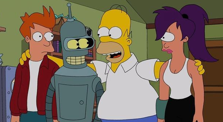 Homer junto a los repartidores de Planet Express de 'Futurama'