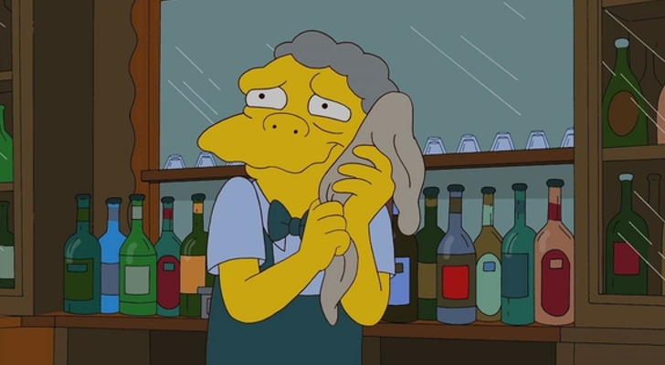 Moe junto al trapo al que interpreta Jeremy Irons en 'Los Simpson'