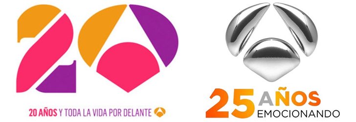 Logotipo de Antena 3 por el 20º (2010) y 25º aniversario (2015)